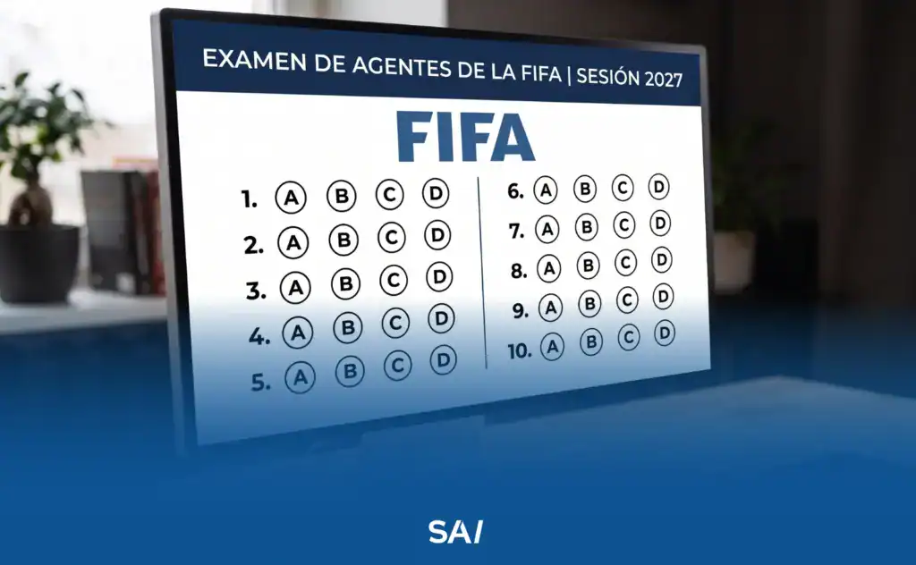 Pantalla de ordenador que muestra una hoja de respuestas de opción múltiple de diez preguntas, ilustrando el formato tipo test del examen de agente FIFA.