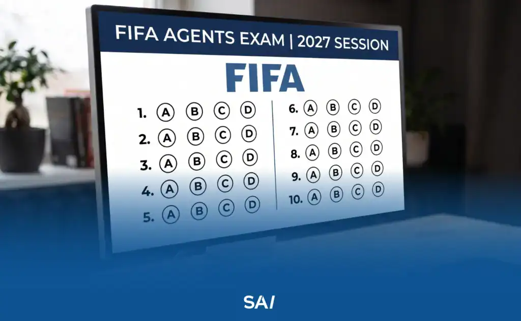 Computer screen displaying a ten-question multiple-choice answer grid, illustrating the multiple-choice format of the FIFA agent exam.