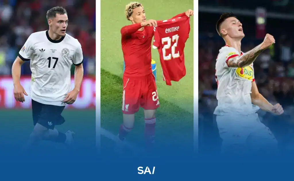 Los mayores traspasos masculinos del Global Transfer Report 2025. De izquierda a derecha: Florian Wirtz / Hugo Ekitike / Benjamin Šeško.