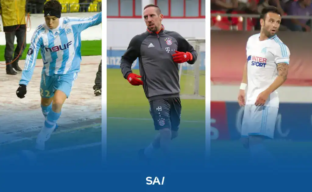 From left to right: Samir Nasri, Franck Ribéry, Mathieu Valbuena. Players during Pape Diouf’s presidency at Olympique de Marseille.