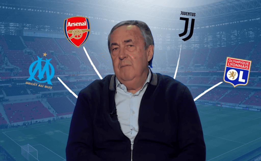 Jean-Pierre Bernès alongside the logos of the clubs where he represented players