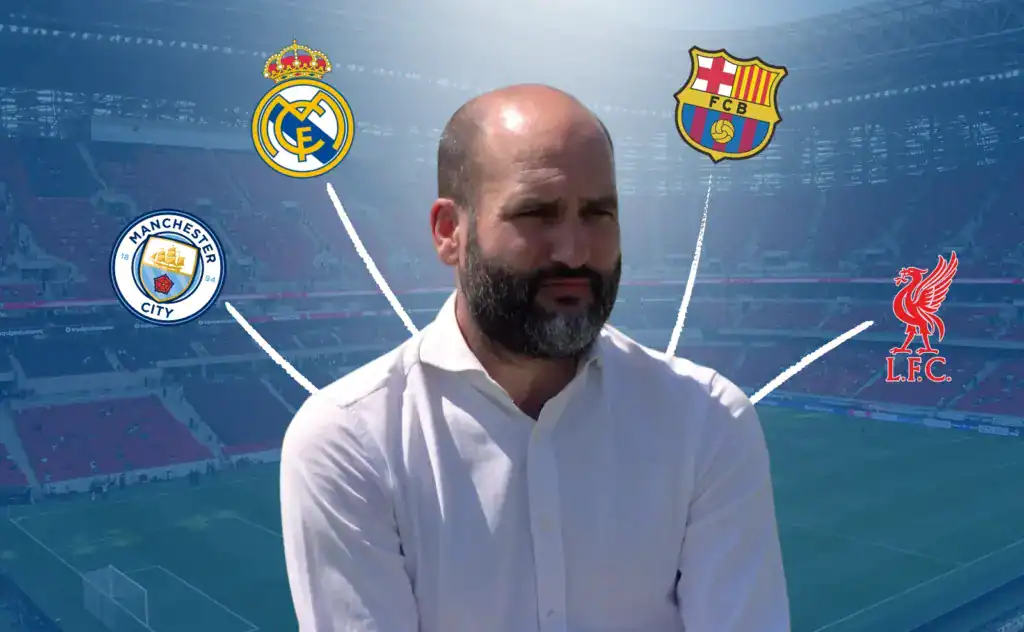 Pere Guardiola con los logos de los clubes donde ha representado a clientes.