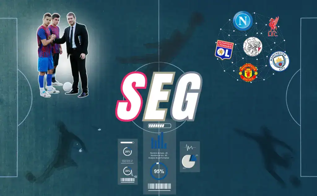 Illustration de l'agence d'agents de joueurs Sports Entertainment Group (SEG), accompagnée d'écussons de clubs où elle représente des clients.