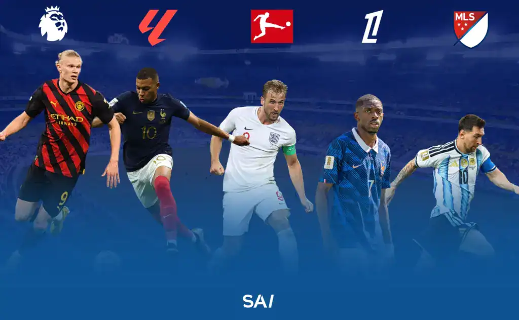 De gauche à droite : Erling Haaland, Kylian Mbappé, Harry Kane, Ousmane Dembélé, Lionnel Messi. Classement du salaire football par ligues.