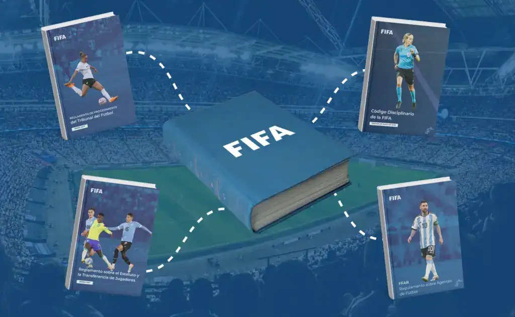 Ilustración de las FIFA Regulations, representadas por una obra central de la FIFA rodeada de sus principales textos, del Reglamento sobre el Estatuto y la Transferencia de Jugadores al Código Disciplinario, pasando por las Reglas de Procedimiento del Tribunal del Fútbol y el Reglamento sobre los Agentes (FFAR). Estos documentos forman el núcleo del programa del examen de agente FIFA. Un corpus denso y actualizado con regularidad que cada candidato debe dominar en su edición del programa para superar la prueba.