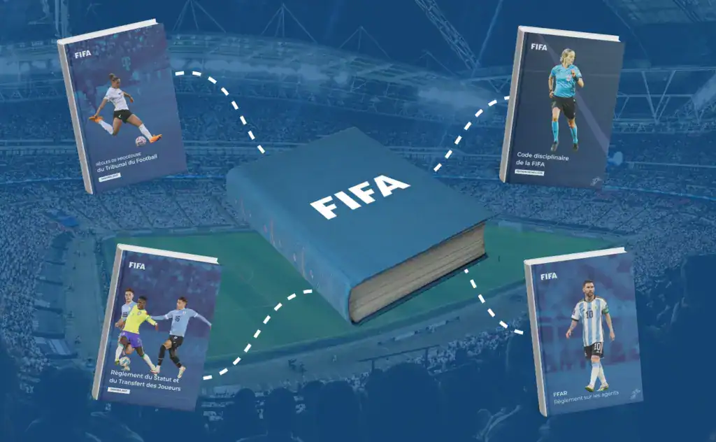 Illustration des FIFA Regulations représentées par un ouvrage central de la FIFA entouré de ses principaux textes, du Règlement du Statut et du Transfert des Joueurs au Code disciplinaire, en passant par les Règles de procédure du Tribunal du Football et le Règlement sur les agents (FFAR). Ces documents forment le cœur du programme de l'examen d'agent FIFA. Un corpus dense et régulièrement mis à jour que chaque candidat doit maîtriser dans son édition au programme pour réussir l'épreuve.