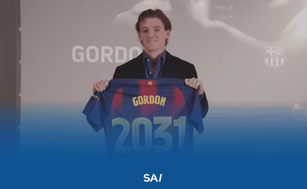Anthony Gordon holds up his FC Barcelona shirt at his official unveiling on 29 May 2026. The England international winger, represented by Unique Sports Group, left Newcastle United for around €80 million including bonuses and has signed for five seasons with the Catalan club.