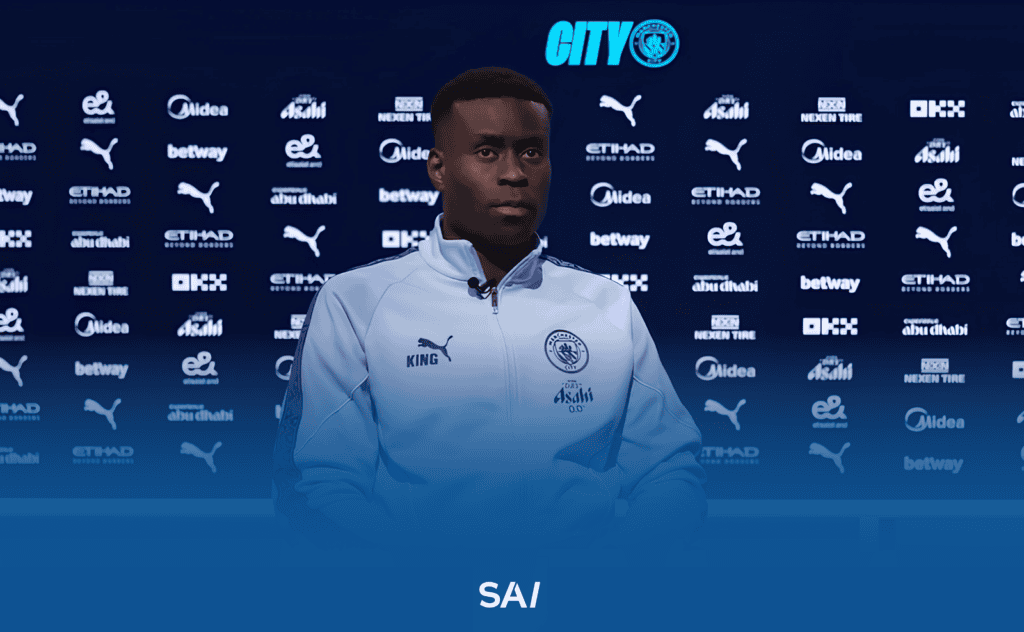 Marc Guéhi at his unveiling at Manchester City in January 2026. The England centre-back, represented by Unique Sports Group, left Crystal Palace for around £20 million and signed a five-and-a-half-year contract until 2031.
