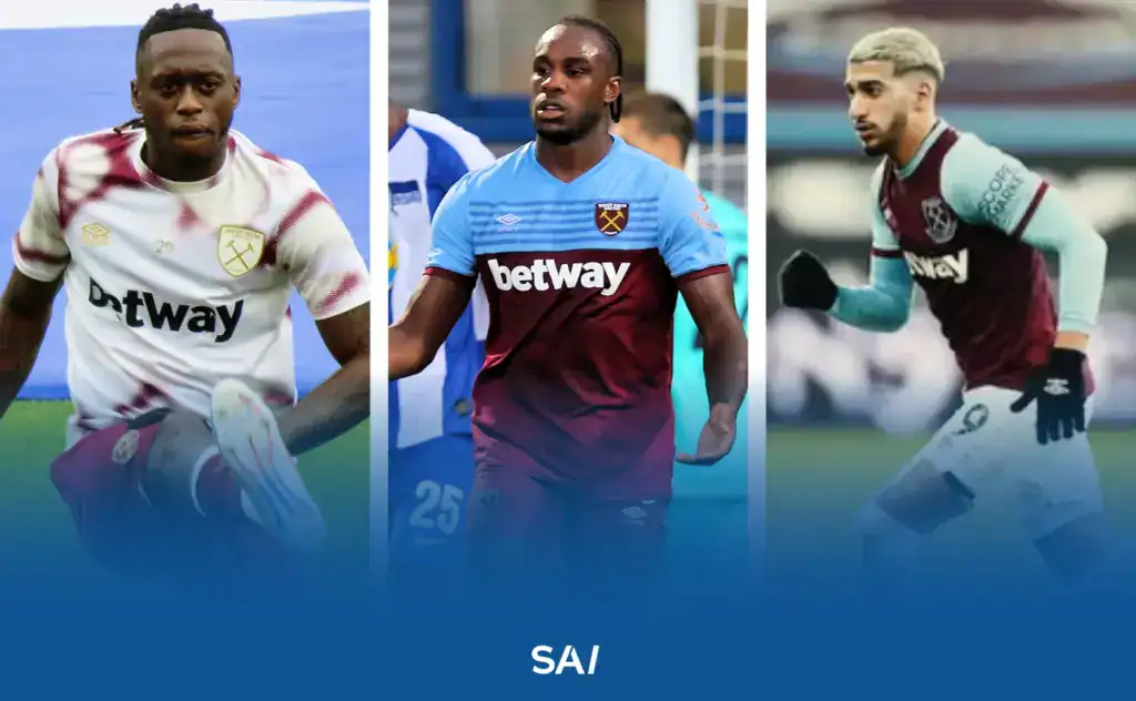 Three players linked to Will Salthouse, Aaron Wan-Bissaka, Michail Antonio and Said Benrahma, in West Ham United shirts.