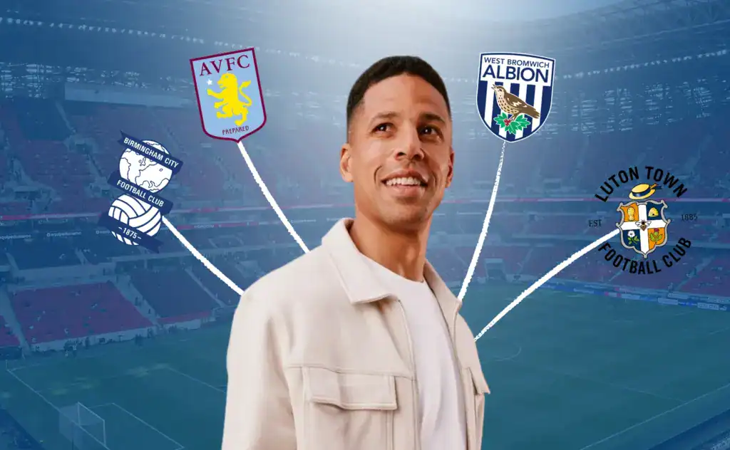 Curtis Davies in front of the Luton Town, West Bromwich Albion, Aston Villa and Birmingham City club crests.