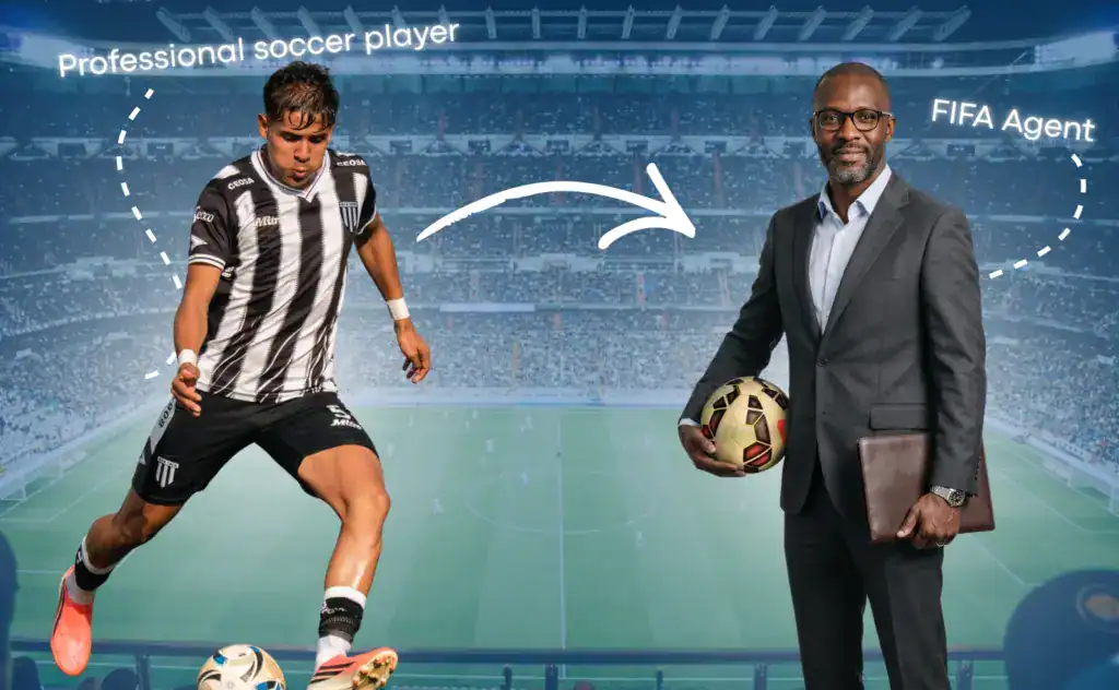 A professional soccer player in action on the left and a FIFA agent in a suit on the right, illustrating the move from player to FIFA agent.