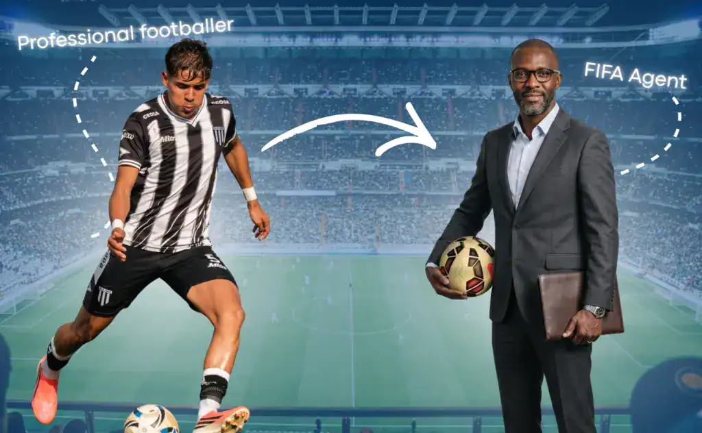 A professional footballer in action on the left and a FIFA agent in a suit on the right, illustrating the move from player to FIFA agent.