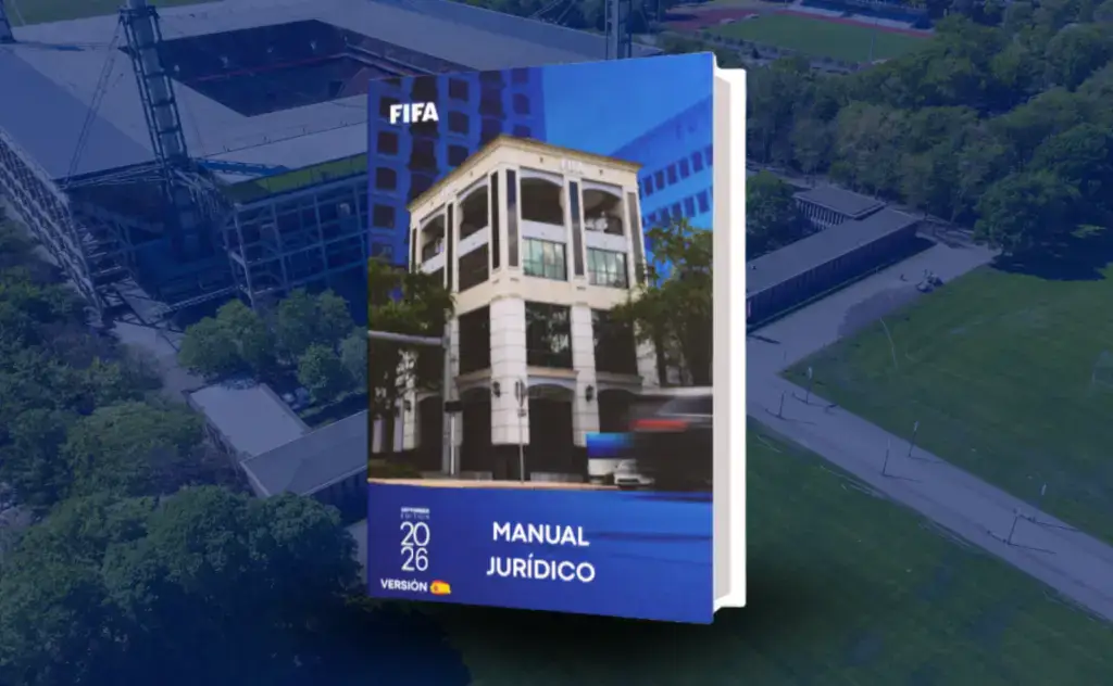Portada del Manual Jurídico de la FIFA 2026, edición de septiembre, sobre una vista aérea de un estadio de fútbol.