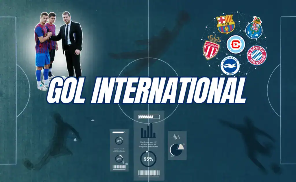 Gol International visual on a soccer field background, showing an agent shaking hands with young players and the logos of clubs linked to the agency's players.