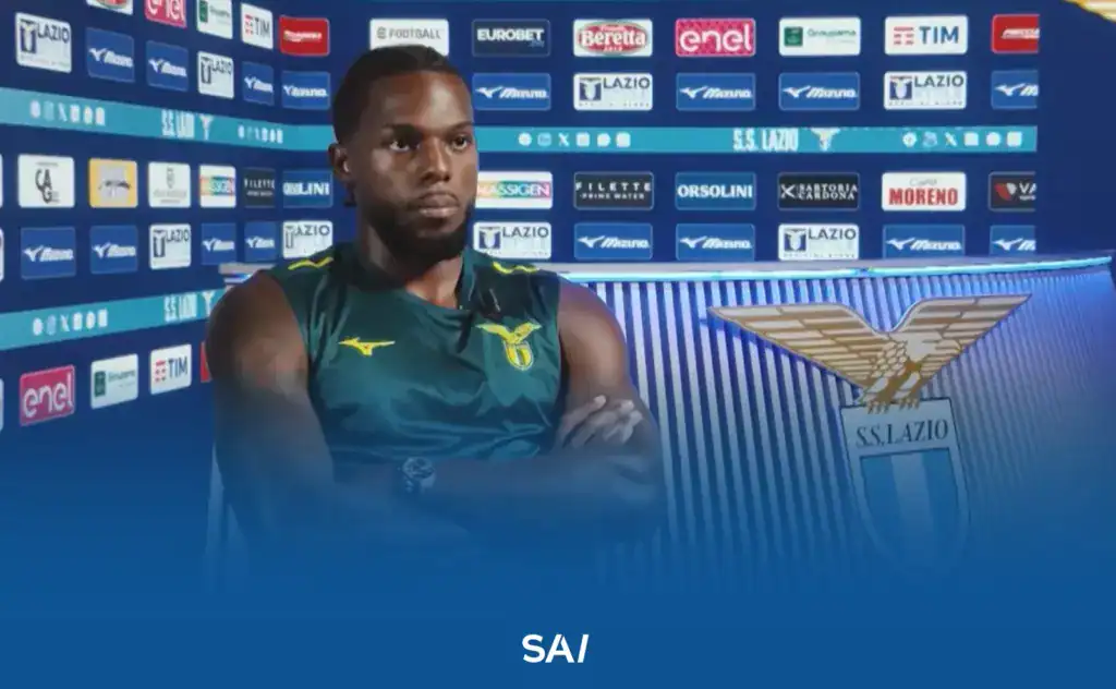 Nuno Tavares, Portuguese left back represented by Gol International, in an interview in front of the Lazio media wall.